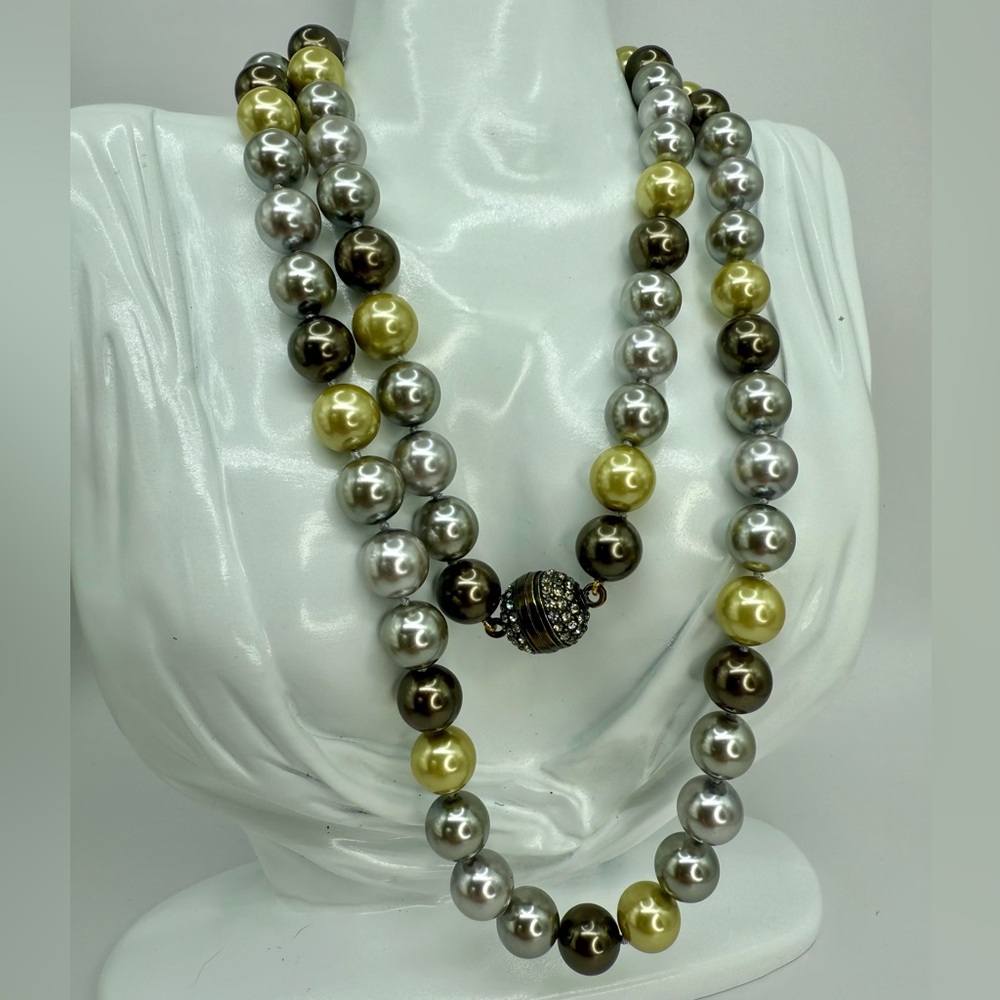 Heidi Daus Faux Pearl Necklace 36” — Multi-Tone Double Strand w Pave Screw Clasp - Picture 7 of 17